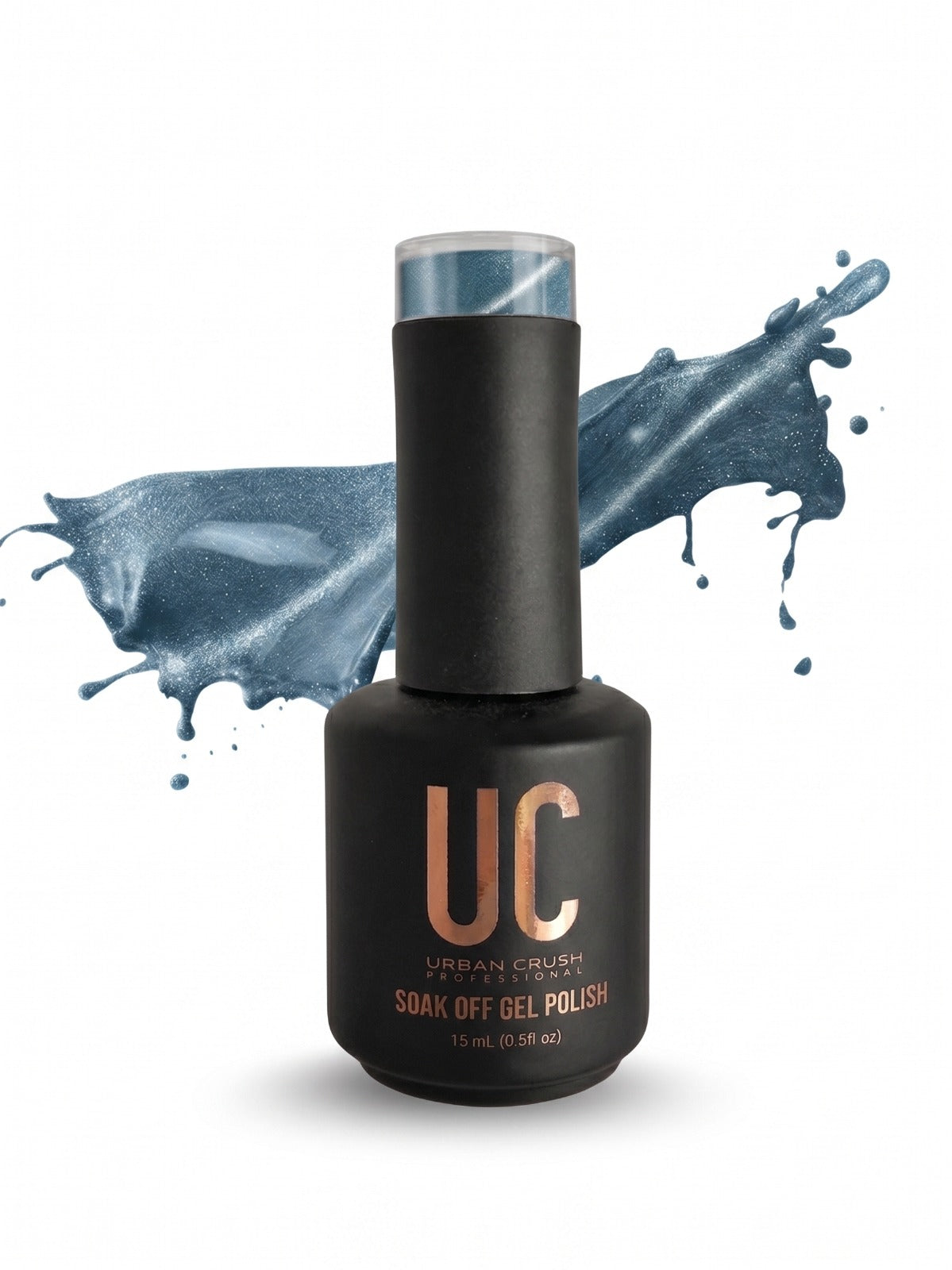 A bottle of Urban Crush Gel Polish in a metallic blue cat eye shade, shown with a matching blue gel polish splash graphic behind it on a white background.